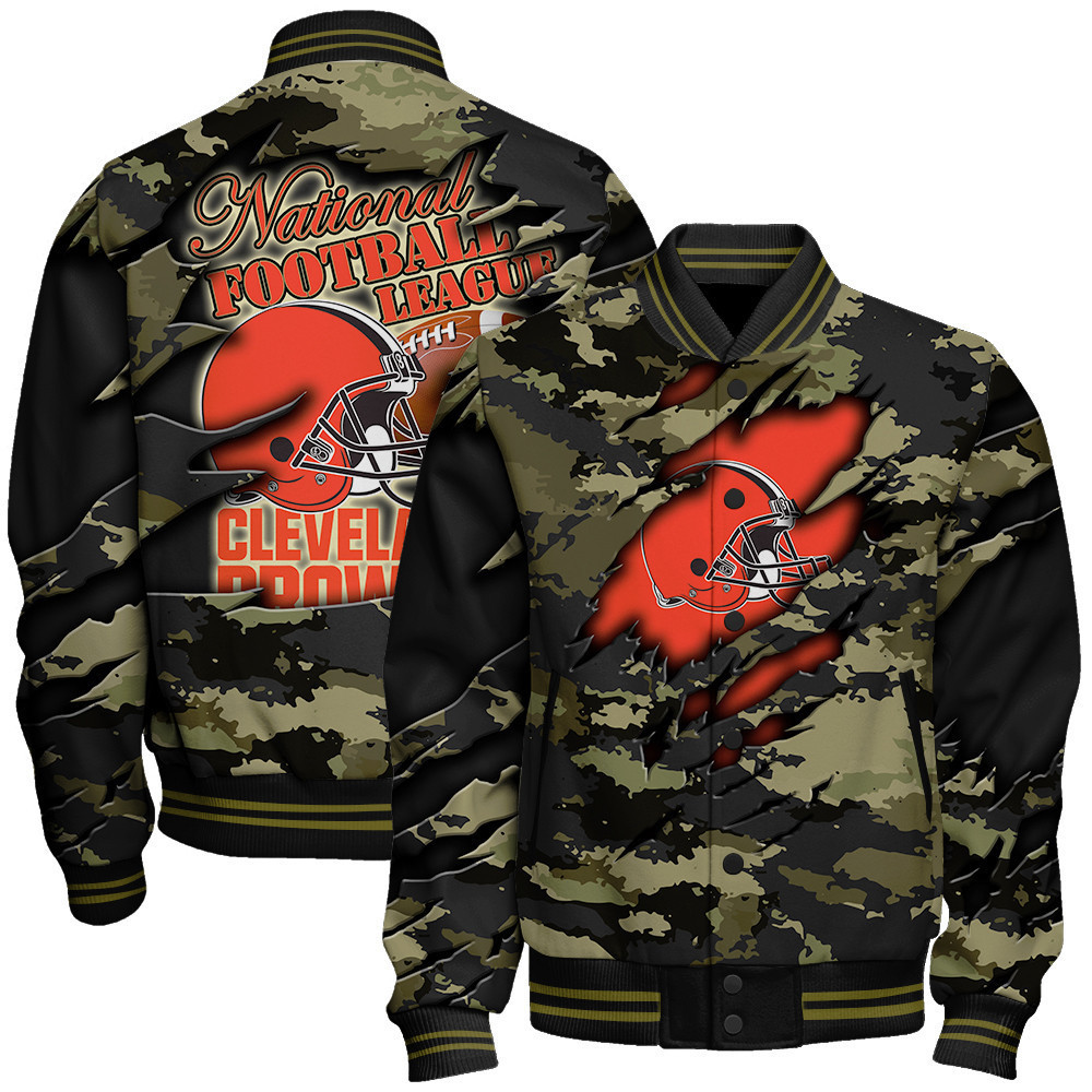 cleveland browns black camo pattern nfl baseball varsity jacket baseball jacket all over print qxgr4