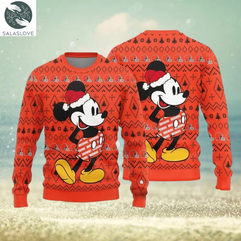 cleveland browns mickey mouse christmas pattern knitted ugly christmas sweater 1 yxjg1a