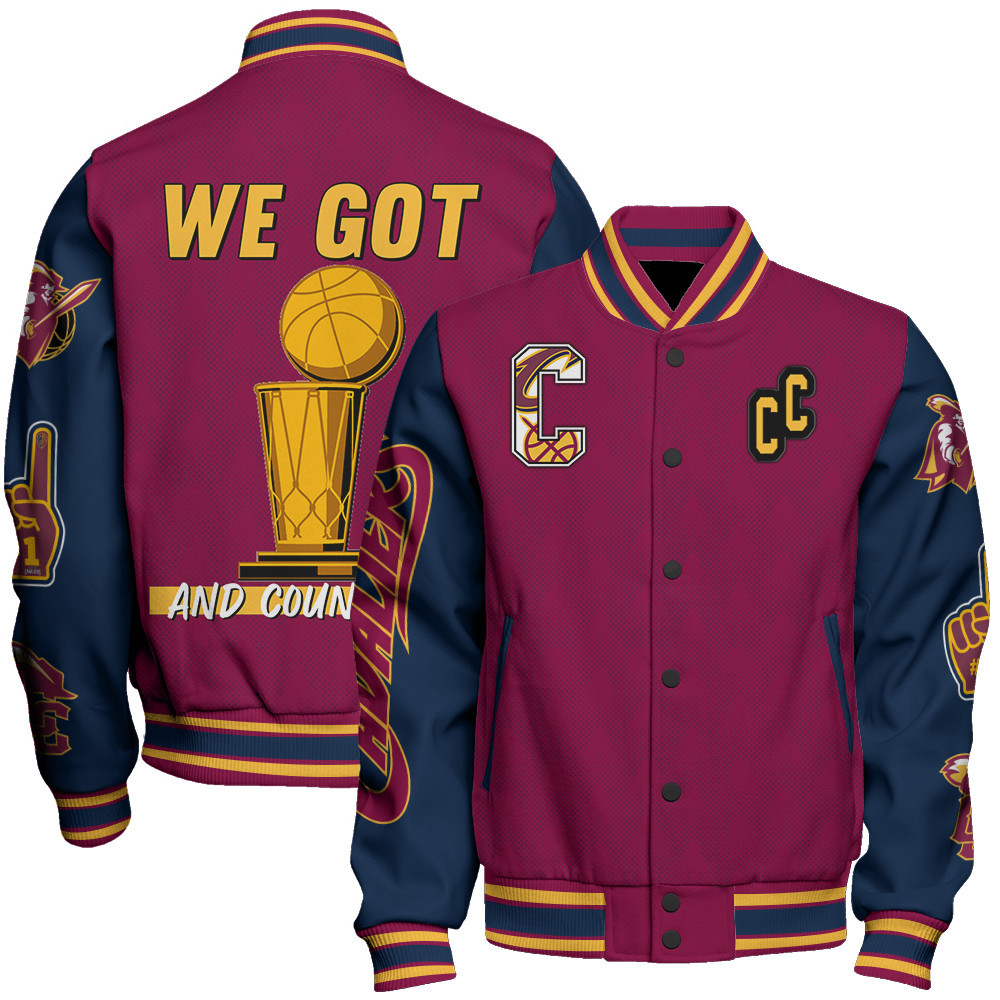 cleveland cavaliers team logo sport pattern trophy baseball varsity jacket baseball jacket all over print ep6o8