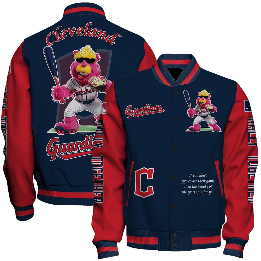 cleveland guardians mlb baseball slider mascot rally together special design 3d unisex baseball varsity jacket baseball jacket all over print mxwgj