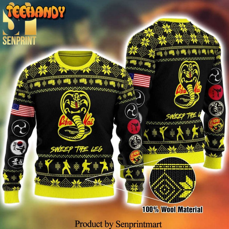 cobra kai logo sweep the leg knitted ugly xmas sweater zwggv