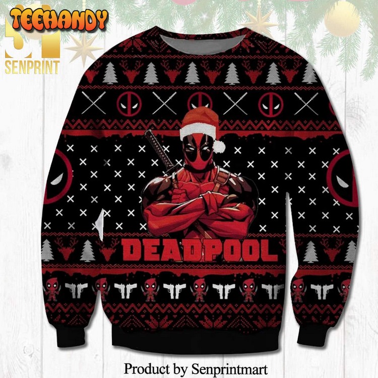 cool deadpool pine tree and reindeer pattern ugly xmas sweater uimnd