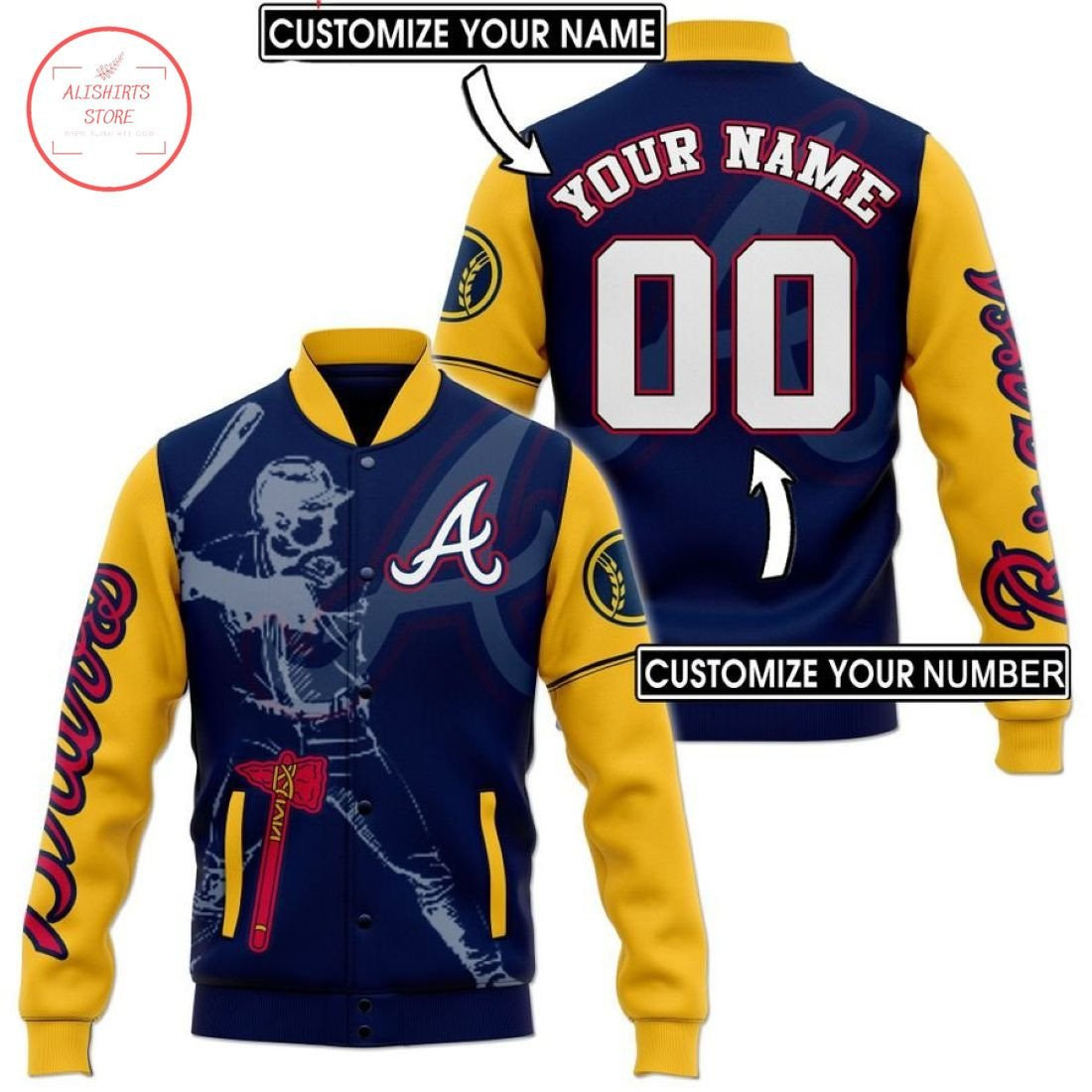 custom name and number mlb atlanta braves baseball logo navy yellow 3d unisex baseball varsity jacket baseball jacket all over print nzkfh