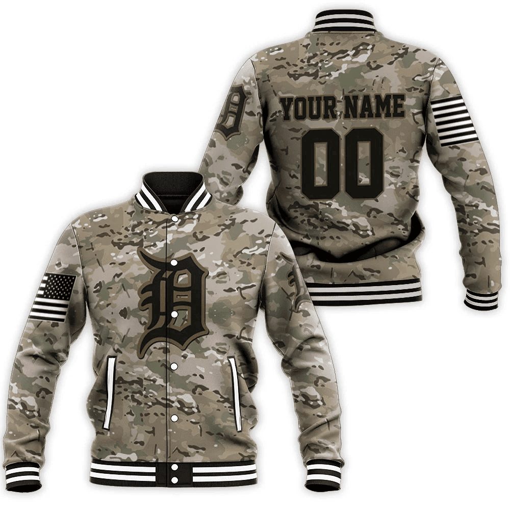 custom name and number mlb detroit tigers baseball team logo camo 3d unisex baseball varsity jacket baseball jacket all over print 9m65n