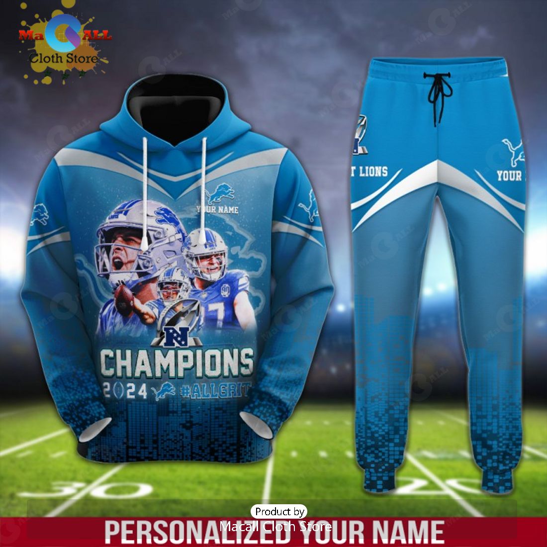 custom name detroit lions afc champions 2024 gifts hoodie and pants 1 feVi5