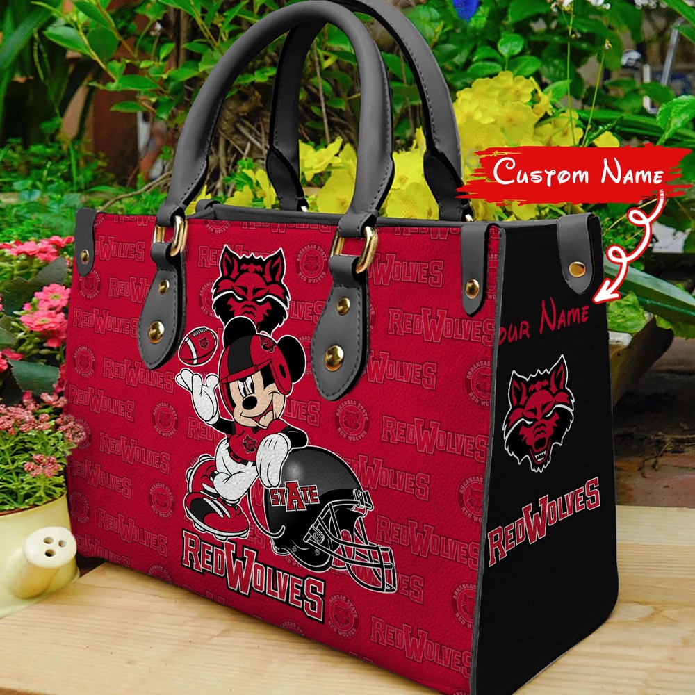 custom name ncaa arkansas state red wolves women leather hand bag mickey lover k5tbb