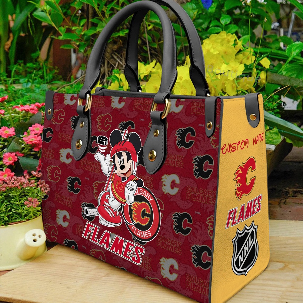 custom name ncaa calgary flames women leather hand bag mickey lover hyrmp