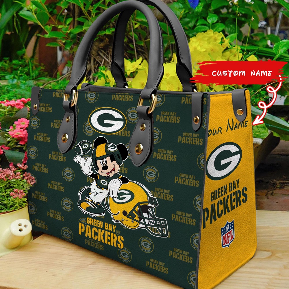 custom name ncaa green bay packers mickey women leather hand bag h8k33