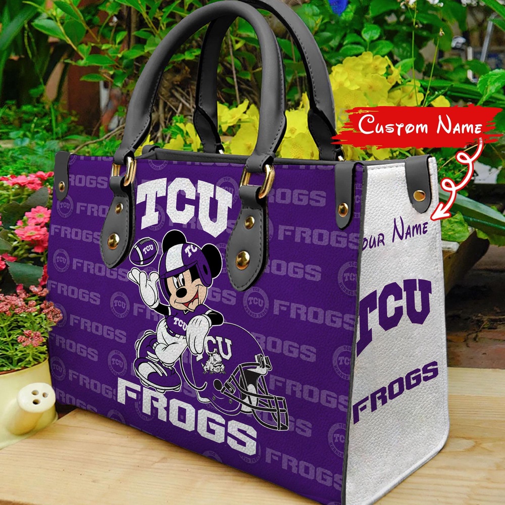 custom name ncaa tcu horned frogs women leather hand bag mickey lover xmphc