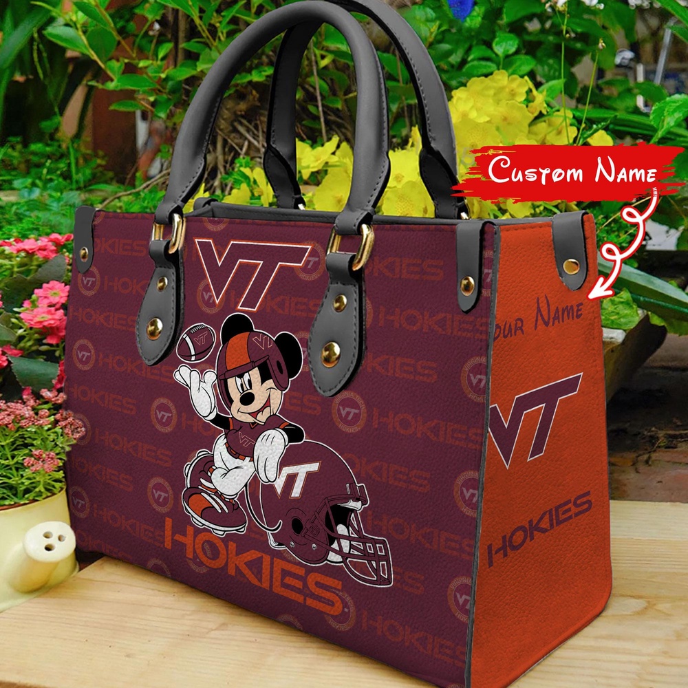 custom name ncaa virginia tech hokie women leather hand bag mickey lover hoakz