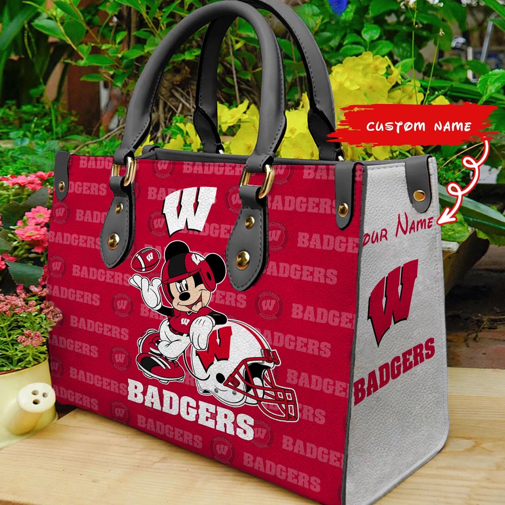 custom name ncaa wisconsin badgers women leather hand bag mickey lover wvjmz