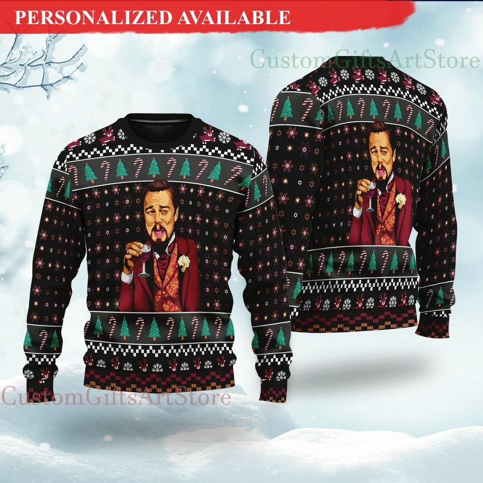 cute xmas ugly sweater laughing leo dicaprio meme 6894