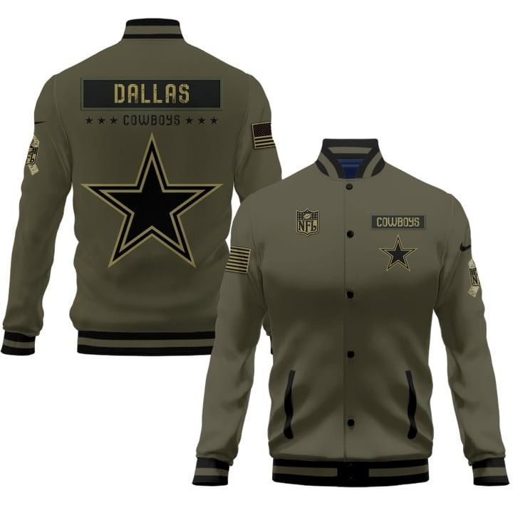 dallas cowboys 2023 salute to service club baseball jacket baseball varsity jacket baseball jacket all over print green tj1ao