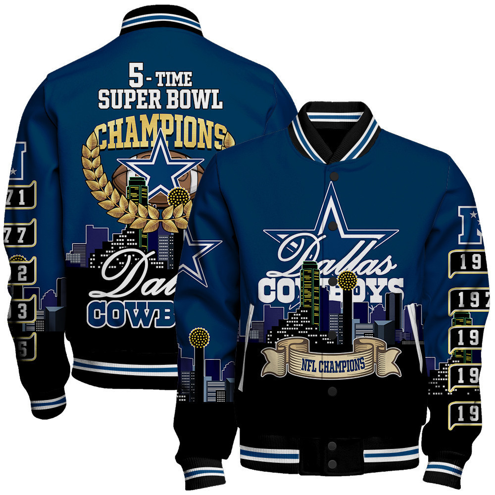 dallas cowboys 5 time super bowl champions city design baseball varsity jacket baseball jacket all over print p0hzt