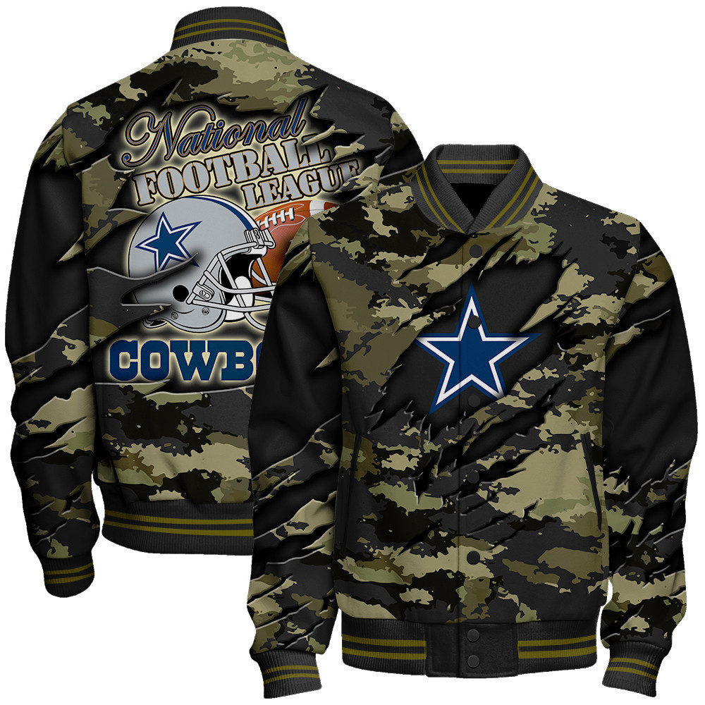 dallas cowboys black camo pattern nfl baseball varsity jacket baseball jacket all over print flnwc