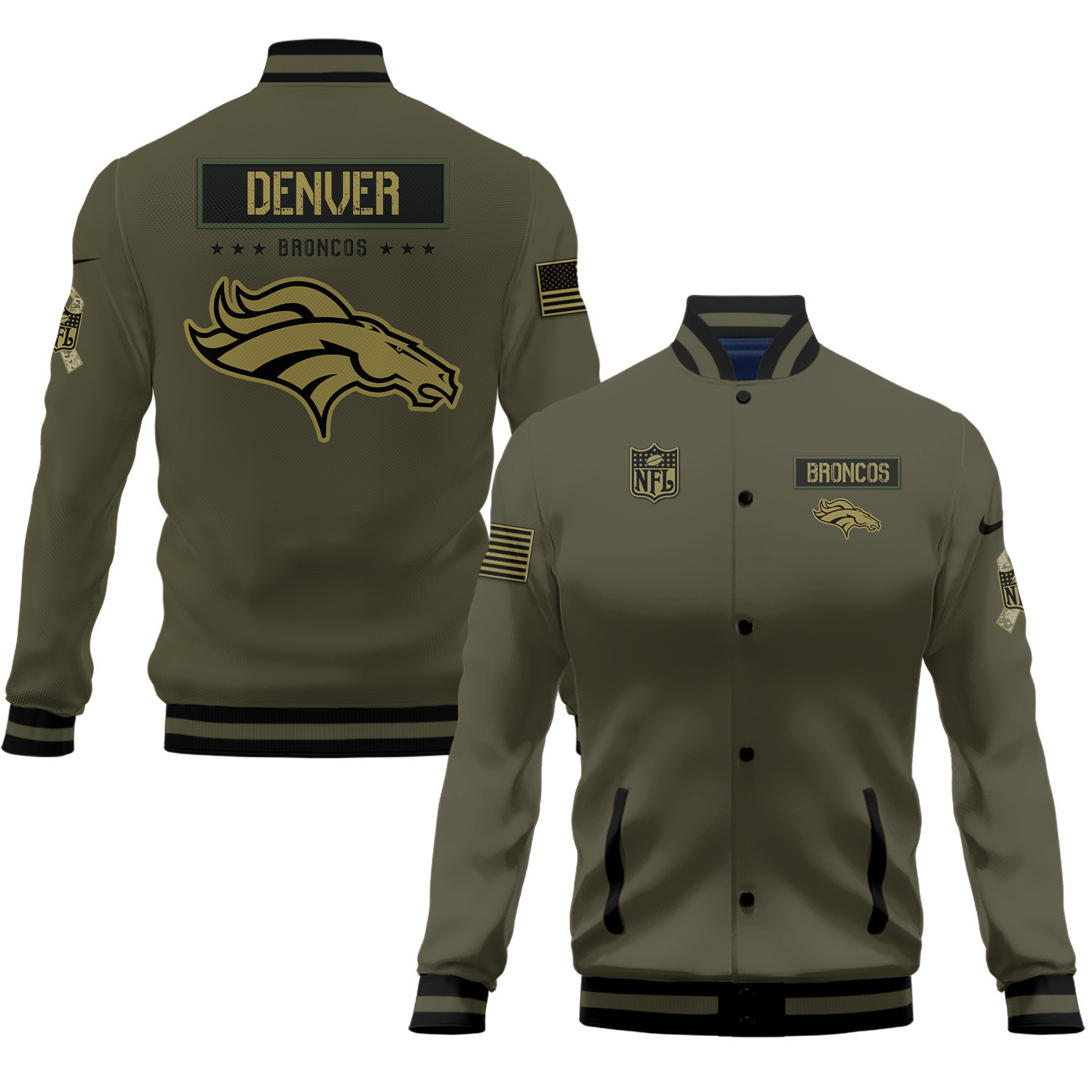 denver broncos 2023 salute to service club baseball jacket baseball varsity jacket baseball jacket all over print green s0enf