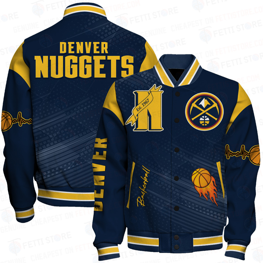 denver nuggets team logo sport pattern basketball baseball varsity jacket baseball jacket all over print exfuh