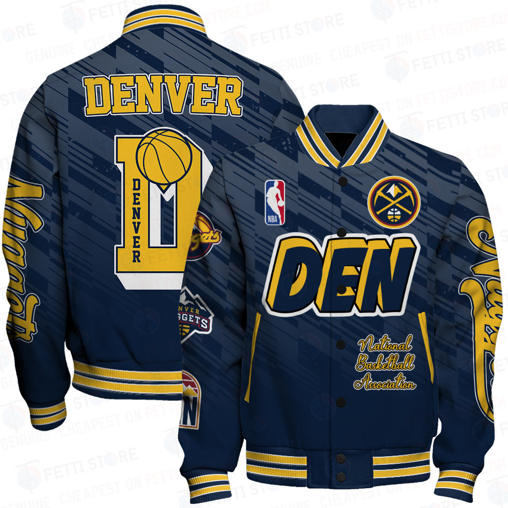 denver nuggets team logo sport pattern nba baseball varsity jacket baseball jacket all over print eymyf