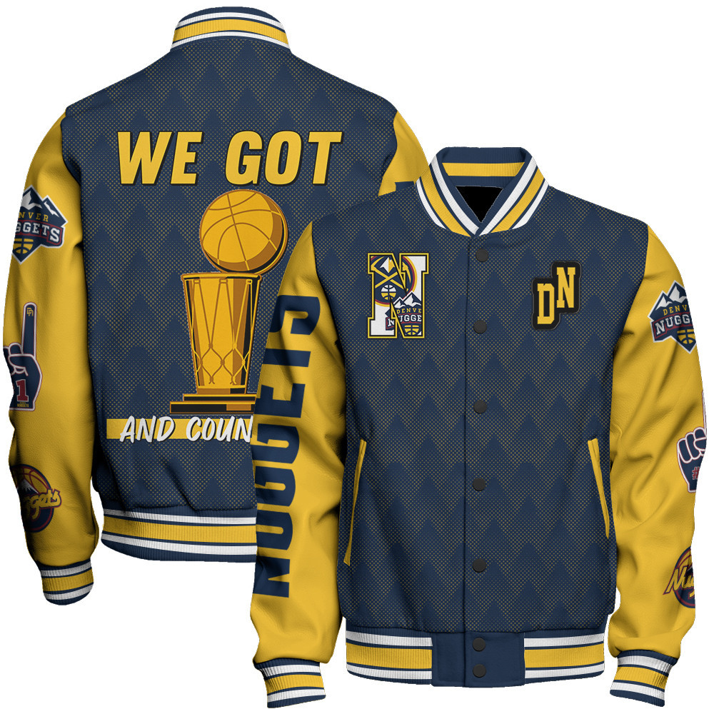 denver nuggets team logo sport pattern trophy baseball varsity jacket baseball jacket all over print ysli1