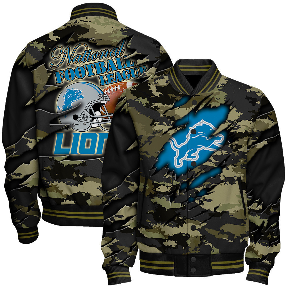 detroit lions black camo pattern nfl baseball varsity jacket baseball jacket all over print 84myq