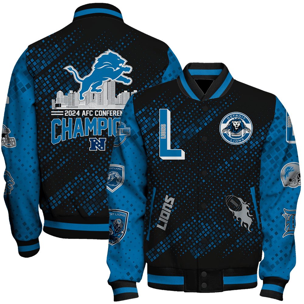 detroit lions nfl 2024 nfc conference champions design unisex baseball varsity jacket baseball jacket all over print jnrdz