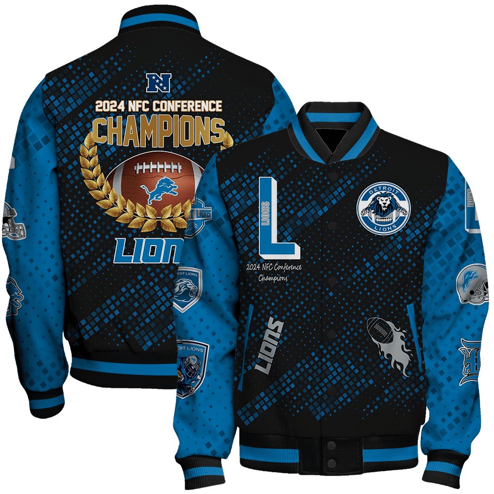 detroit lions nfl 2024 nfc conference champions unisex baseball varsity jacket baseball jacket all over print 2ubd4