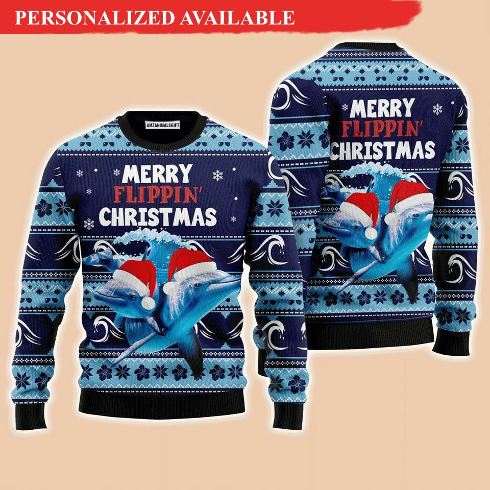 dolphin merry flippin christmas sweater ugly 8804