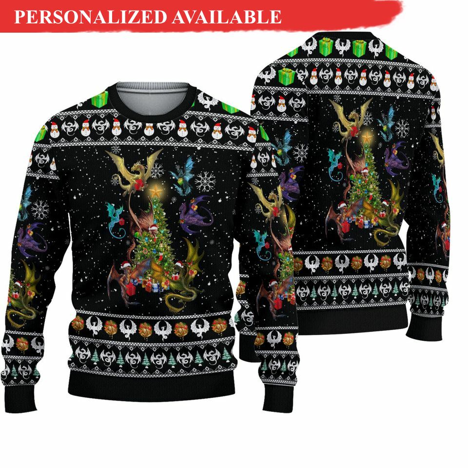 dragon and christmas tree ugly sweater 2509