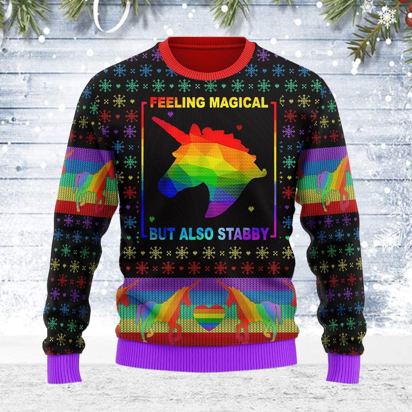 feeling magical but also stabby ugly christmas sweater gearhomie com