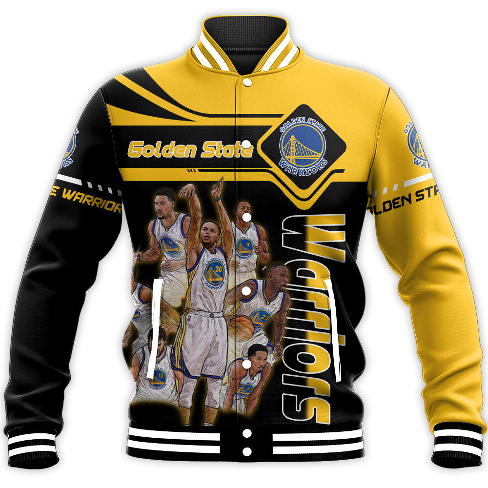 golden state warriors team baseball jacket button up zipper hooded all over print nba khhcr