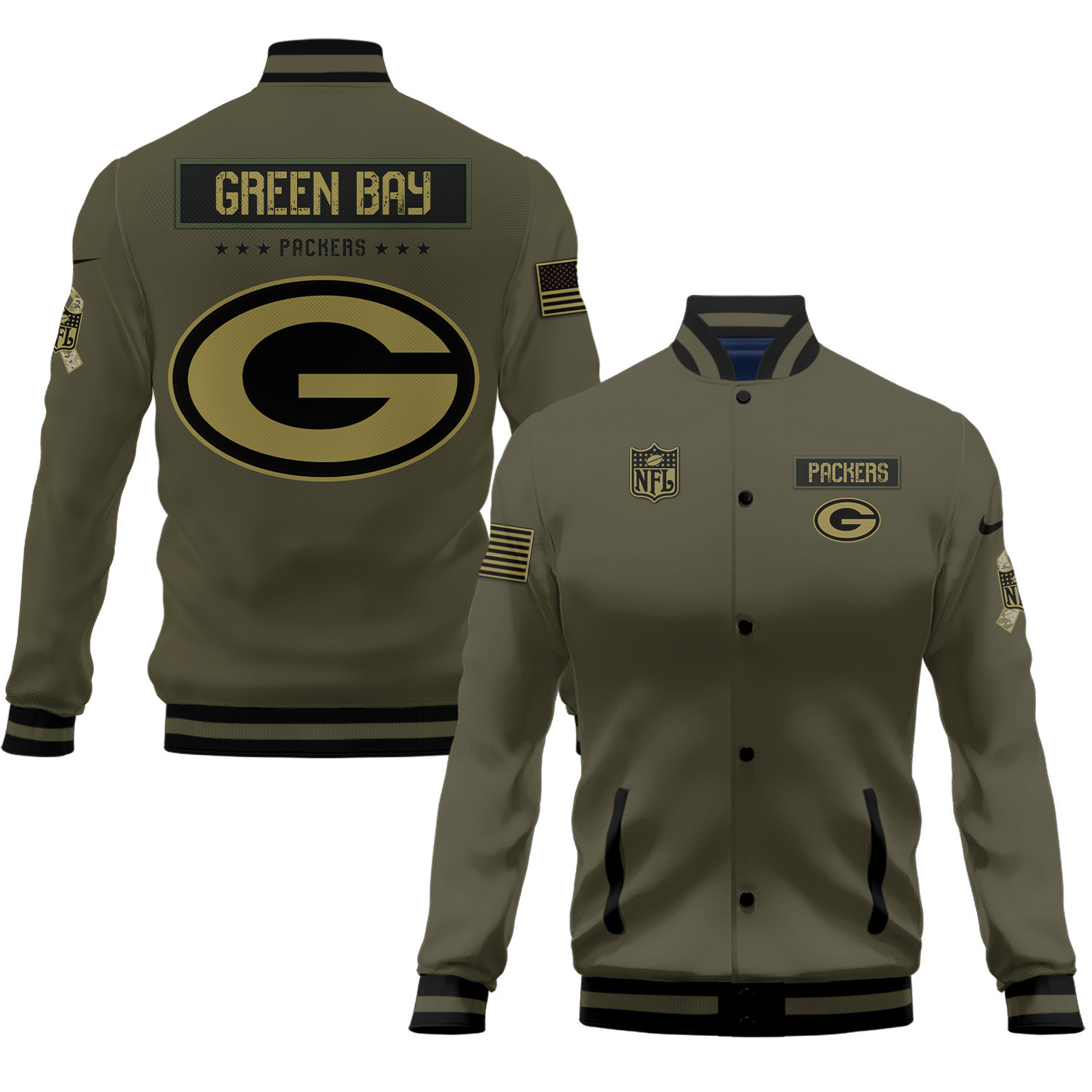 green bay packers 2023 salute to service club baseball jacket baseball varsity jacket baseball jacket all over print green qdek6