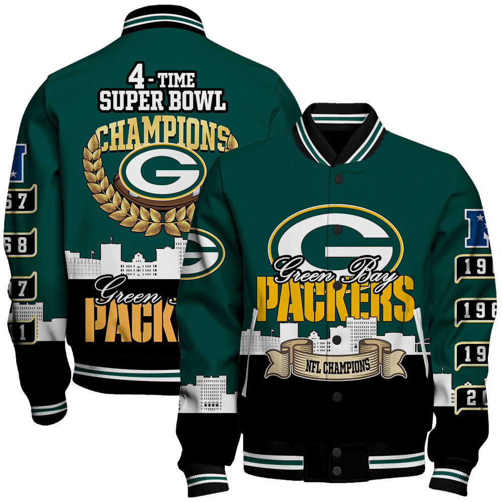 green bay packers 4 time super bowl champions city design baseball varsity jacket baseball jacket all over print ytu9d