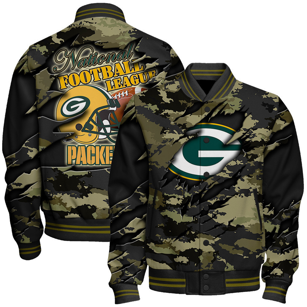 green bay packers black camo pattern nfl baseball varsity jacket baseball jacket all over print ngraf