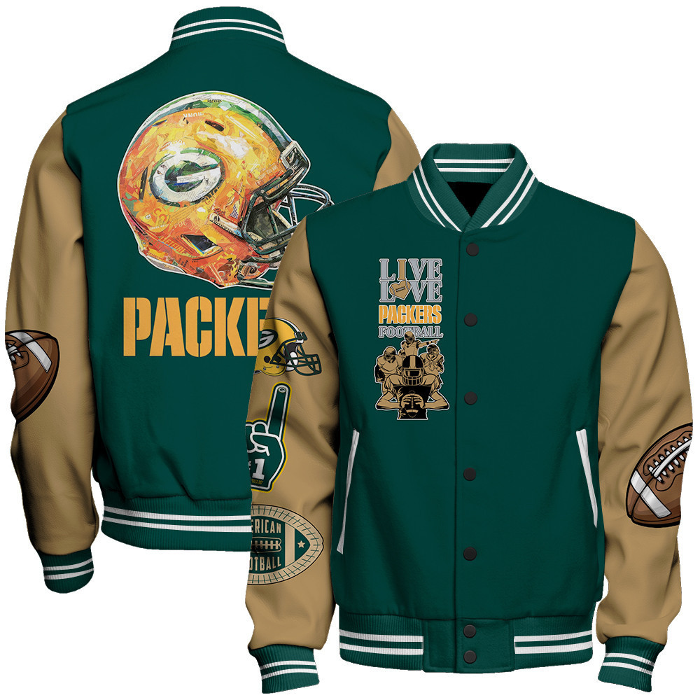 green bay packers live love packers football print baseball varsity jacket baseball jacket all over print xya6j