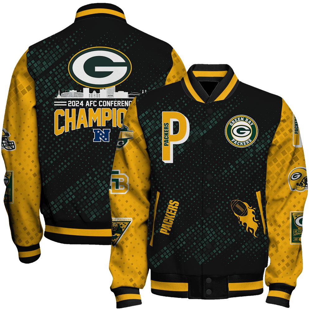 green bay packers nfl 2024 nfc conference champions design unisex baseball varsity jacket baseball jacket all over print w9d0i