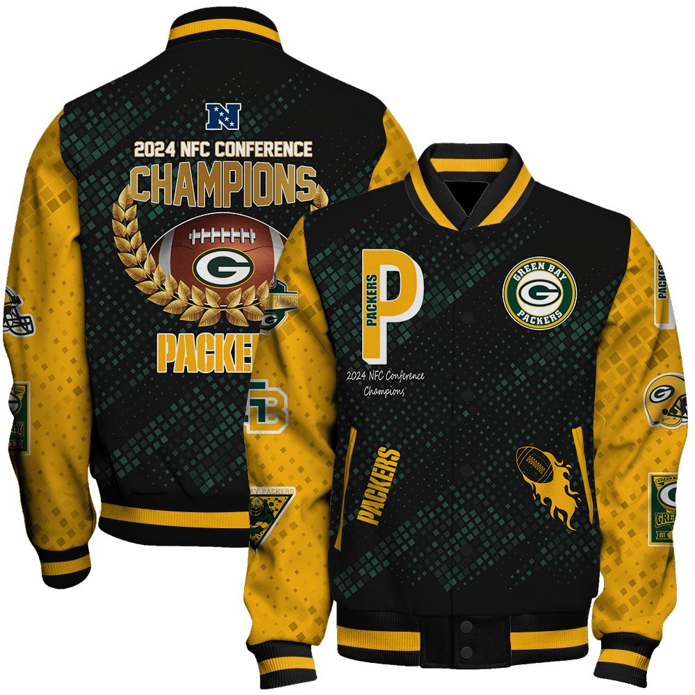 green bay packers nfl 2024 nfc conference champions unisex baseball varsity jacket baseball jacket all over print v6ckd