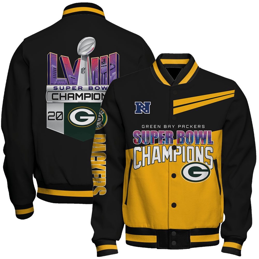 green bay packers nfl 2024 super bowl champions lviii unisex baseball varsity jacket baseball jacket all over print l7zgq