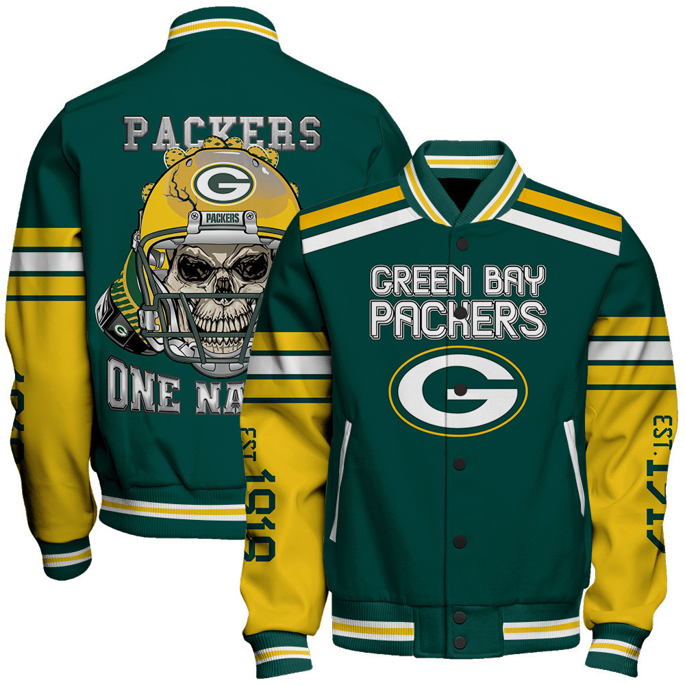 green bay packers skull and gloves pattern baseball varsity jacket baseball jacket all over print gw2za