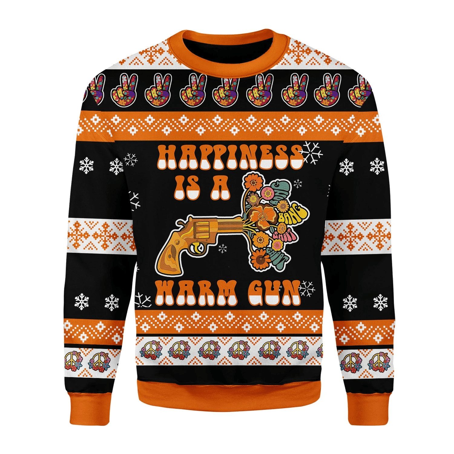 happiness is a warm gun ugly christmas sweater gearhomie com 1