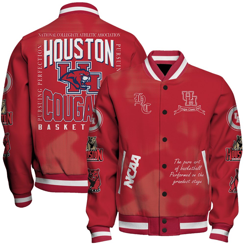 houston cougars ncaa basketball cougar claws out 3d unisex baseball varsity jacket baseball jacket all over print xdlym