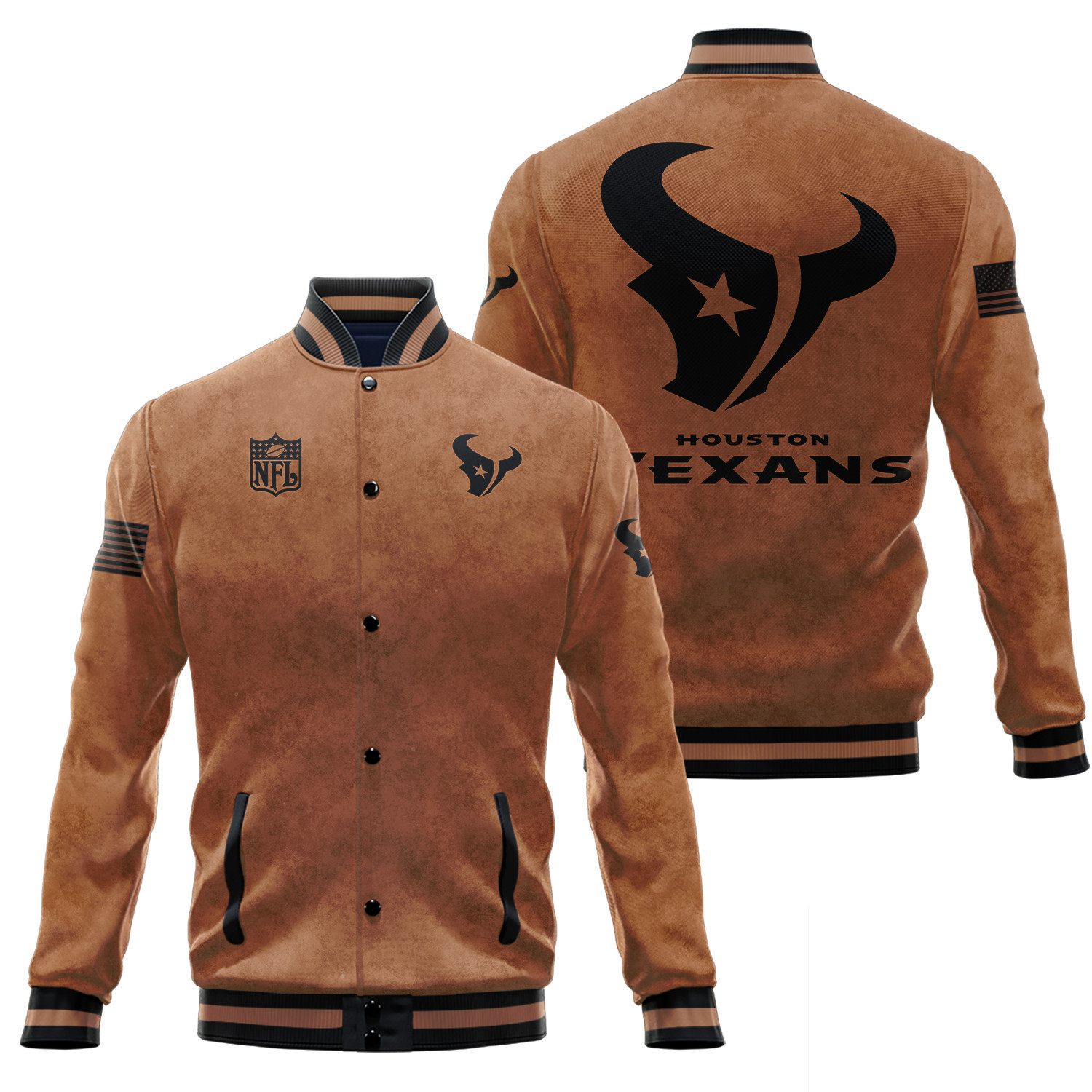 houston texans 2023 salute to service club baseball jacket baseball varsity jacket baseball jacket all over print brown zweor