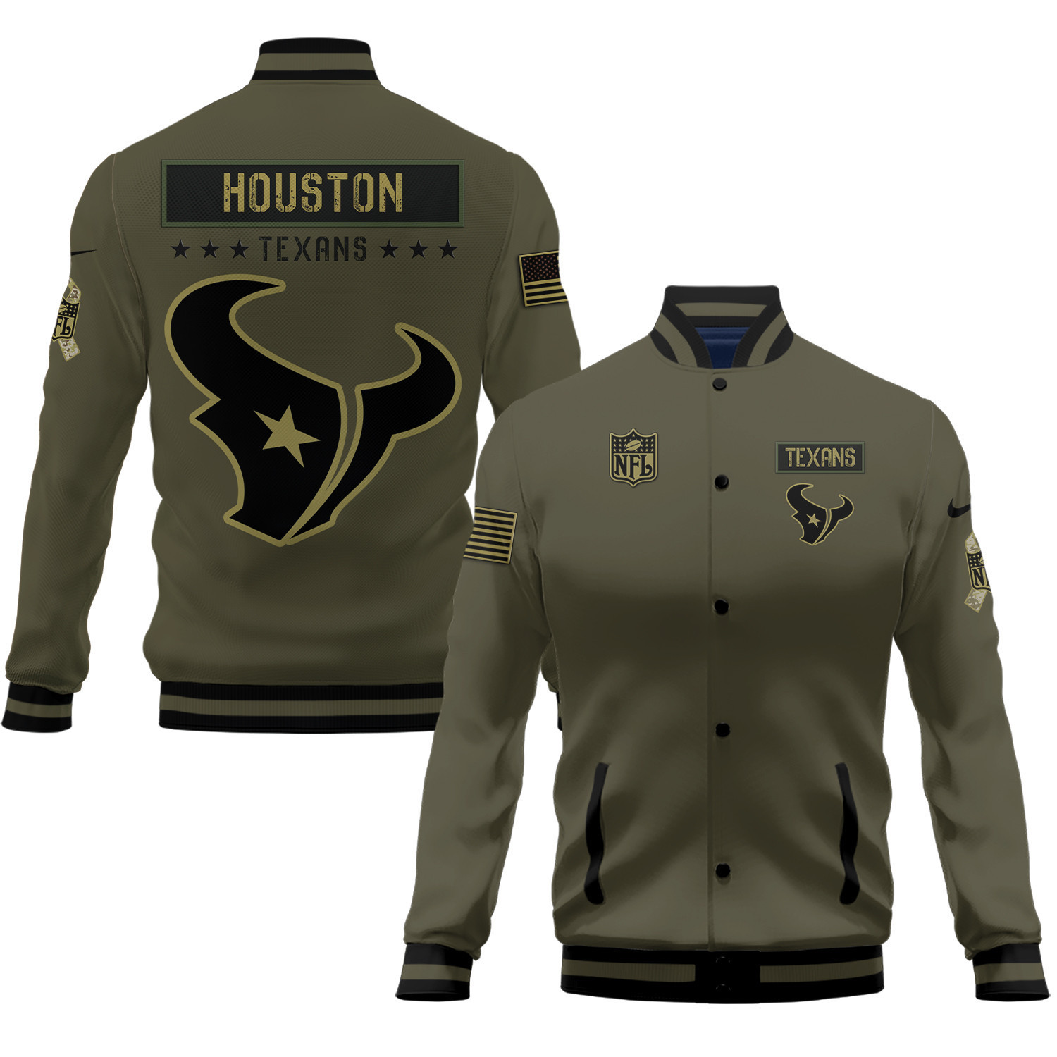 houston texans 2023 salute to service club baseball jacket baseball varsity jacket baseball jacket all over print green loq7t