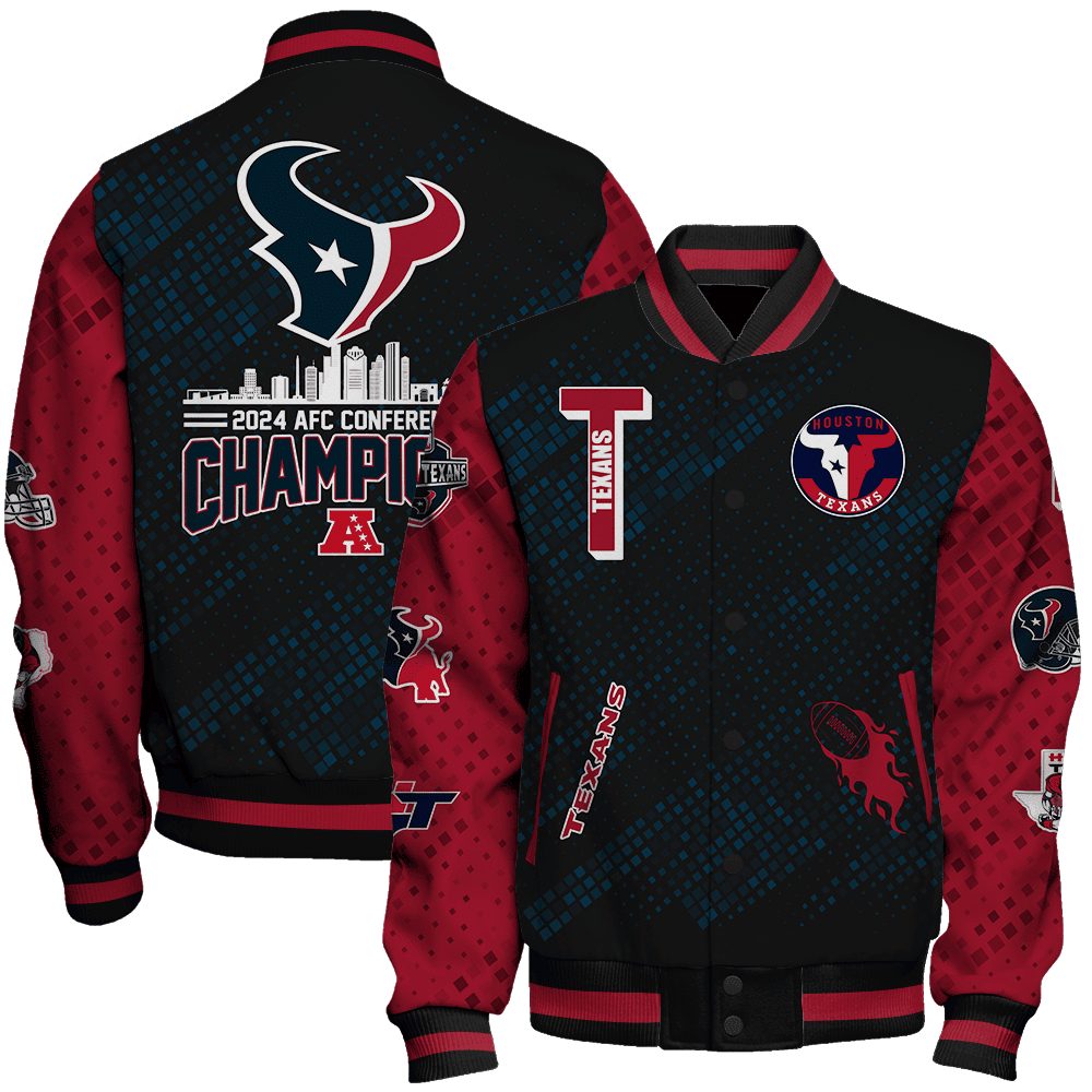 houston texans nfl 2024 afc conference champions design unisex baseball varsity jacket baseball jacket all over print ogdke