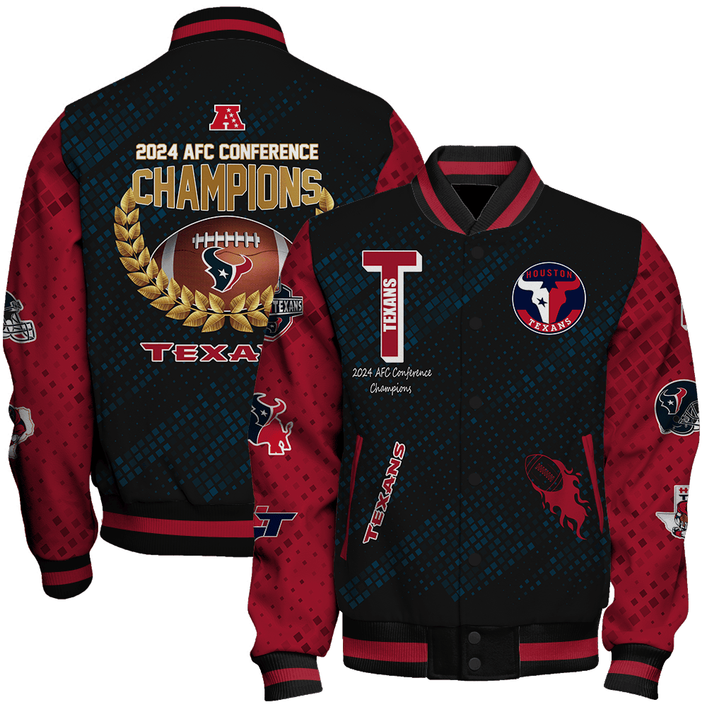 houston texans nfl 2024 afc conference champions unisex baseball varsity jacket baseball jacket all over print bmu4e