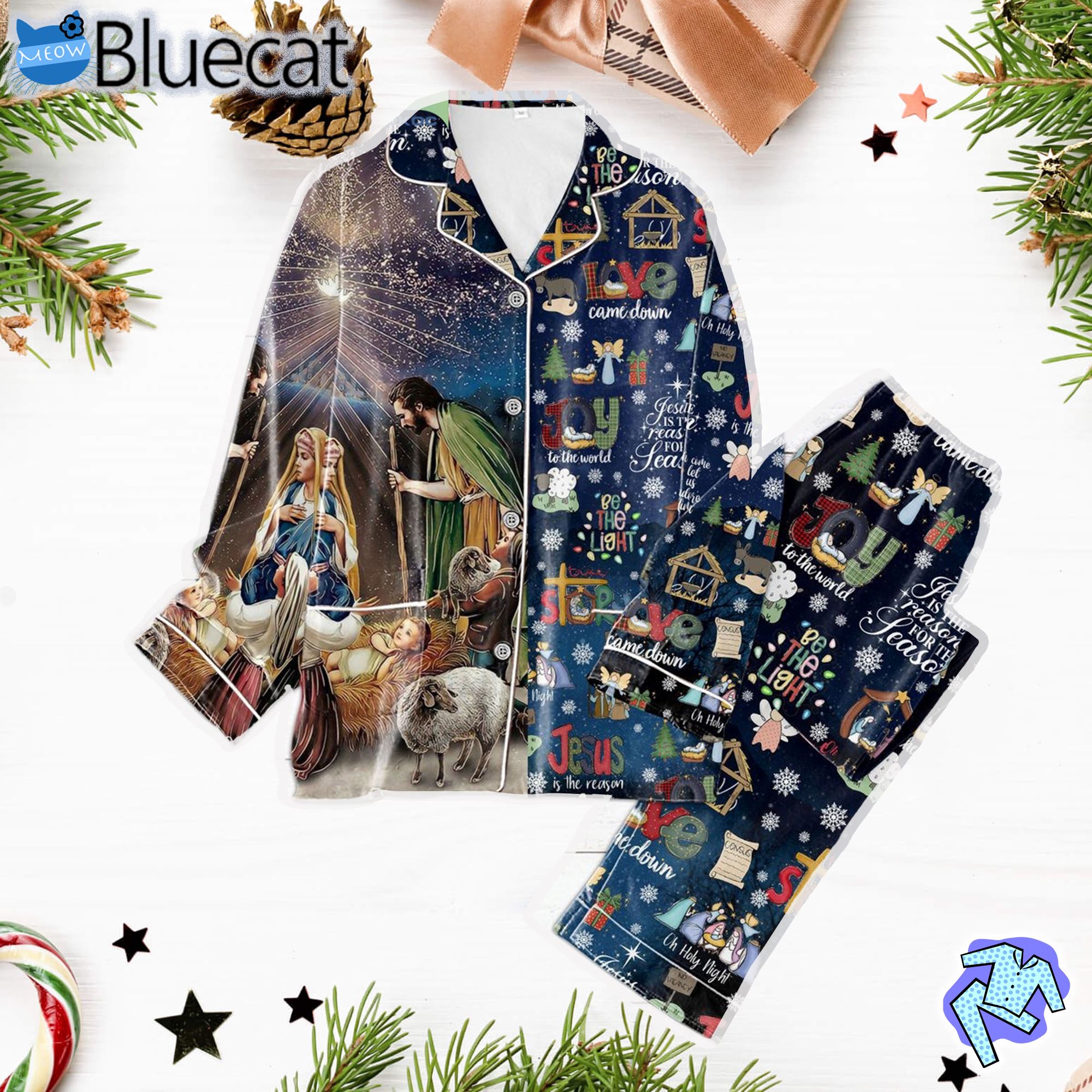 jesus is a reason for the season be the light joy to the world christmas silk pajamas set 1