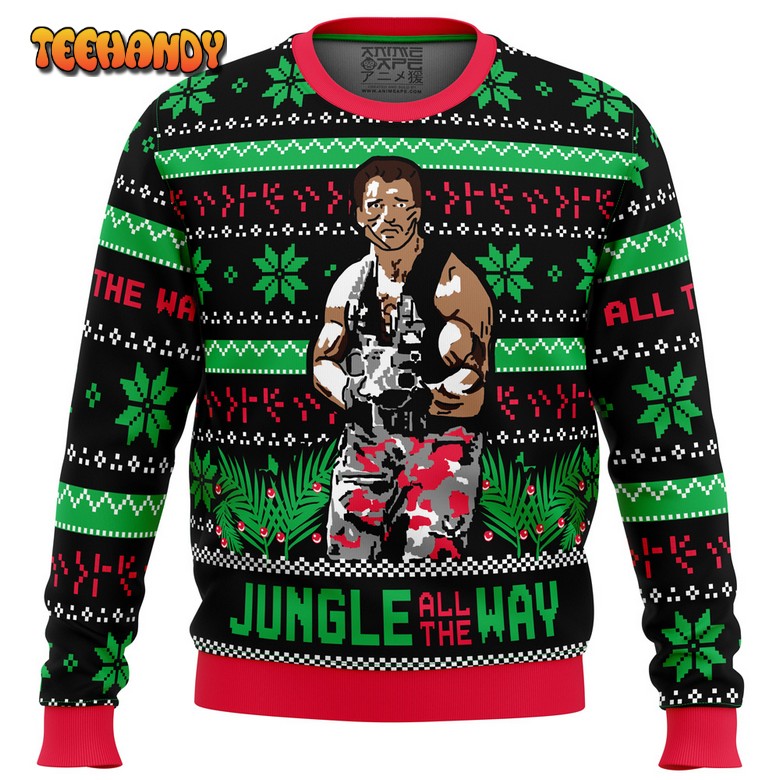 jungle all the way arnold schwarzenegger ugly christmas sweater wjucx