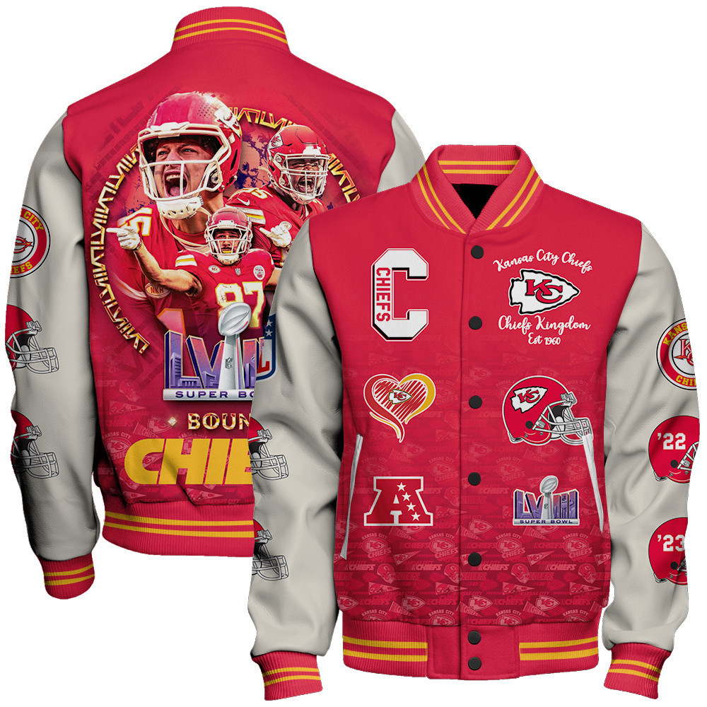 kansas city chiefs kingdom super bowl lviii unisex baseball varsity jacket baseball jacket all over print dfc47