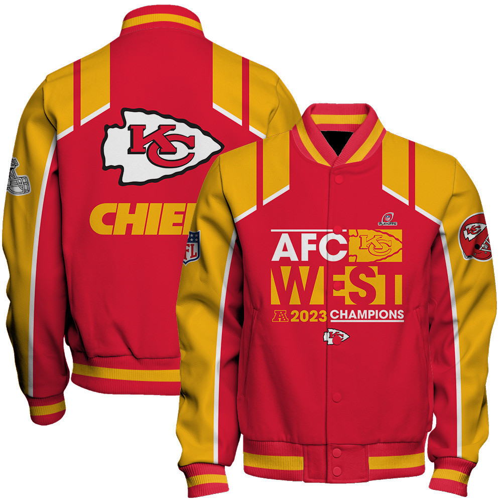 kansas city chiefs nfl afc west 2023 champions nfl baseball varsity jacket baseball jacket all over print uavev