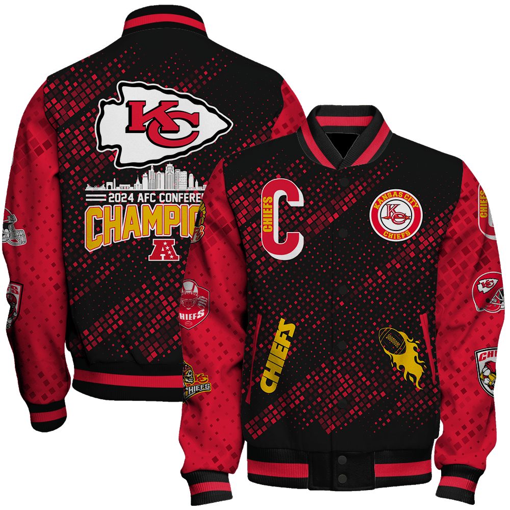 kansas city chiefs nfl division 2024 afc conference champions design unisex baseball varsity jacket baseball jacket all over print iarhg