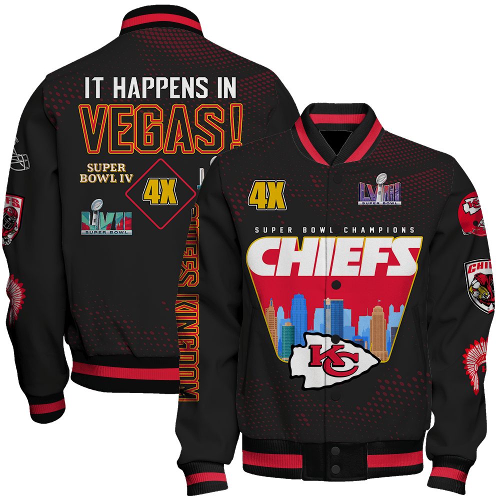 kansas city chiefs nfl it happens in vegas 4x super bowl lviii champions chiefs kingdom baseball varsity jacket baseball jacket all over print 9zr2o